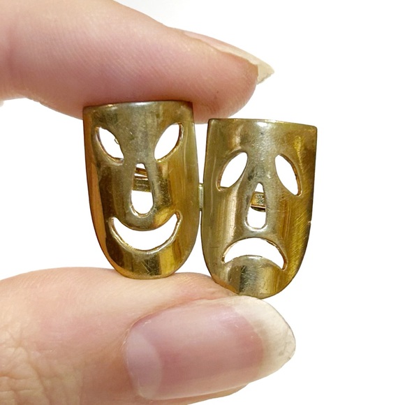 Vintage Drama Theatre Acting Masks Brooch Pin Gold Tone Comedy Tragedy Play Act - Picture 4 of 7